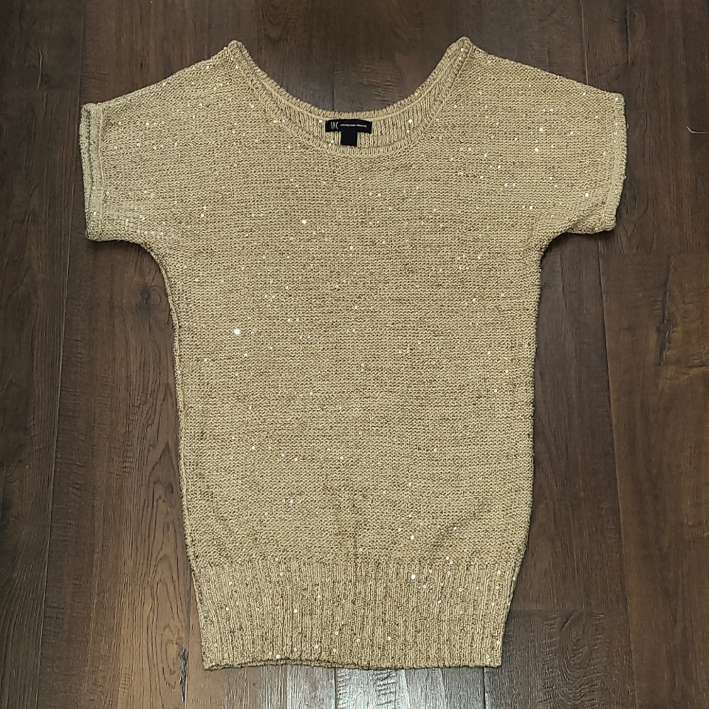 INC Short Sleeve Woven Sweater with Subtle Sequin Shimmer
